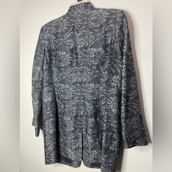 Liz Claiborne Collection Grey Floral Boho Silk Linen Longline Blazer Pockets - Picture 3 of 7